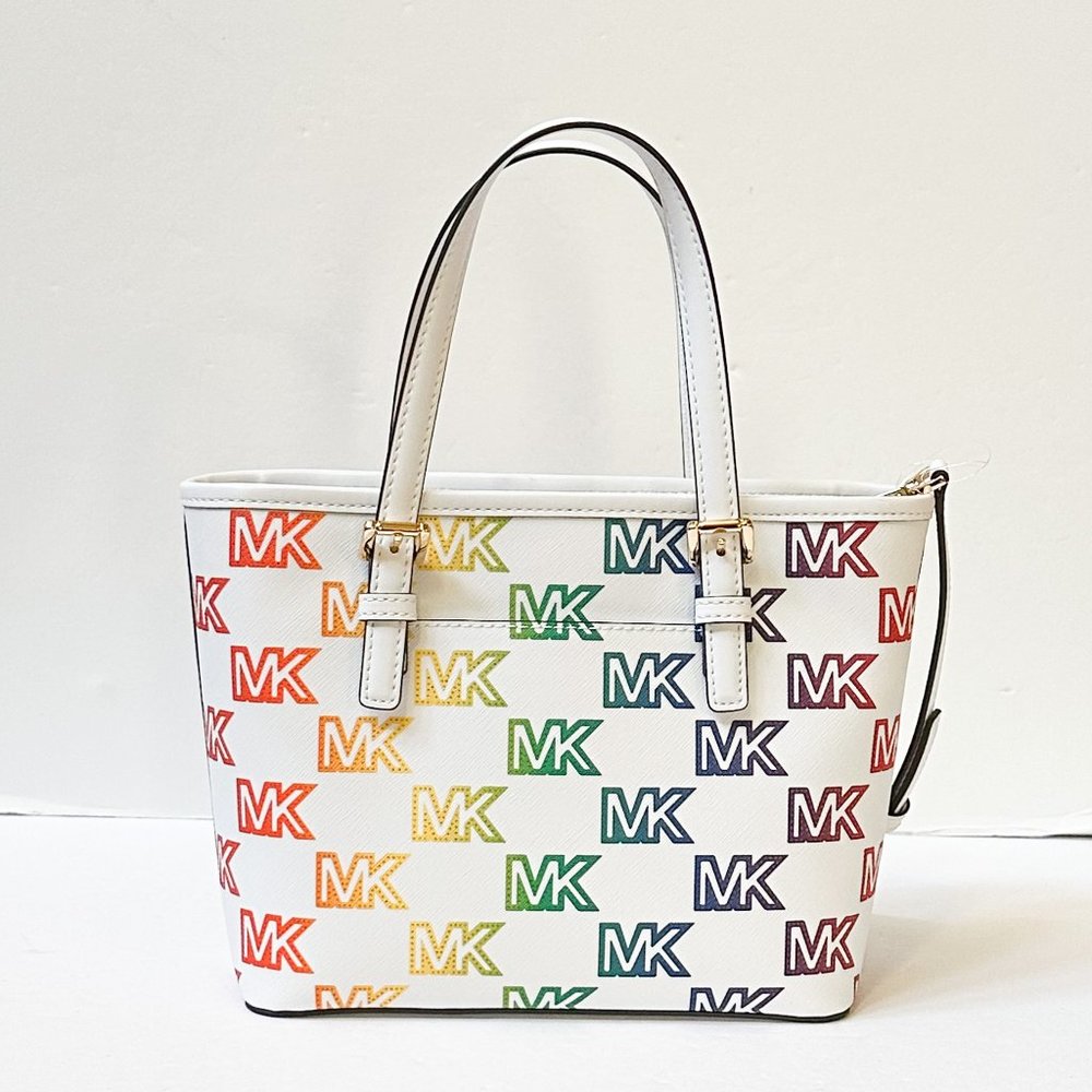 Michael Kors Jet Set XS Carryall Tote Satchel Shoulder Bag MK Rainbow White - Picture 2 of 13